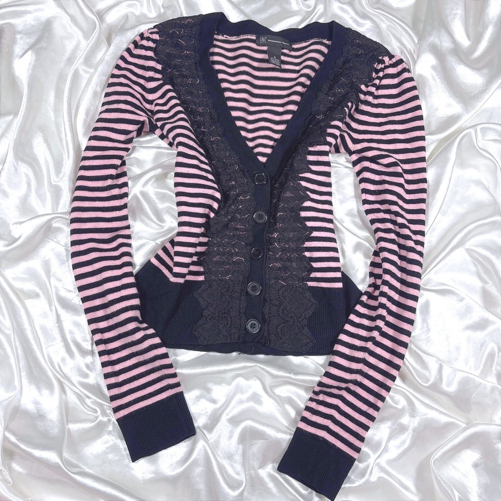 y2k Cardigan Pink Black Excellent Lace Trim Striped Button Front INC Sweater